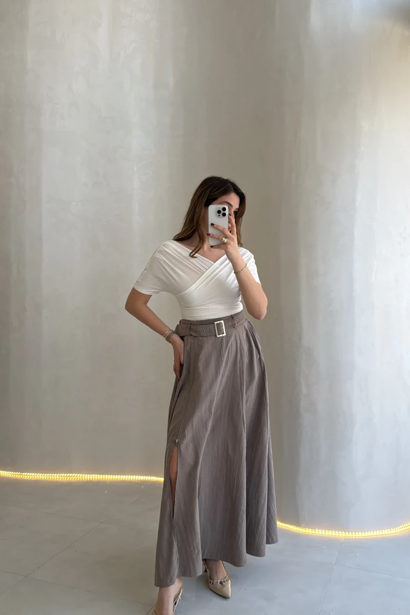 Paraşüt Kumaş Fermuar Yırtmaçlı Kemerli Etek - Vizon