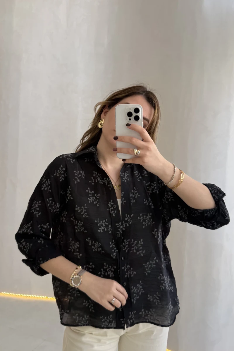 Desenli V Yaka İnce Gömlek - Siyah - Kod: 0985