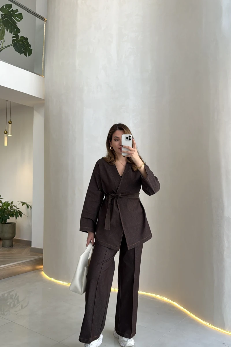 Freedom Denim Kuşaklı Pantolon Takım - Kahverengi - Kod: 583