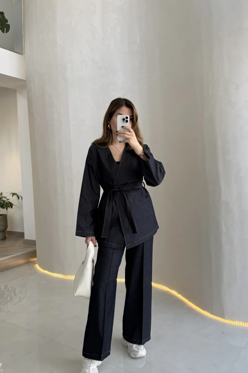 Freedom Denim Kuşaklı Pantolon Takım - Lacivert - Kod: 583