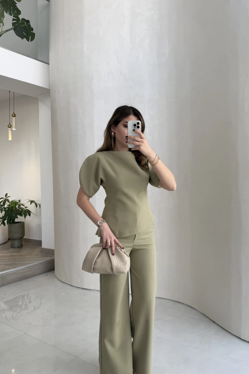 Ballet Kol Detay Bluz-Pantolon Takım - Mint - Kod: 8089