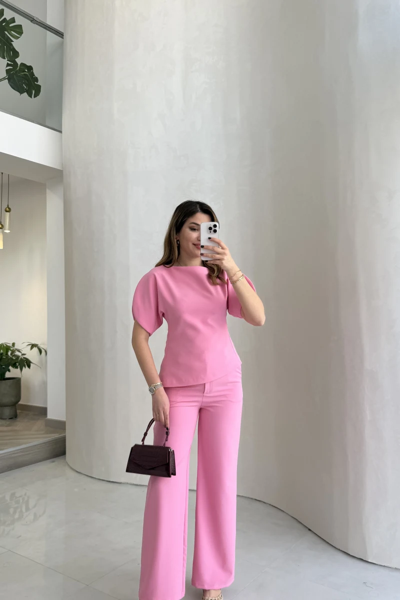 Ballet Kol Detay Bluz-Pantolon Takım - Pembe - Kod: 8089