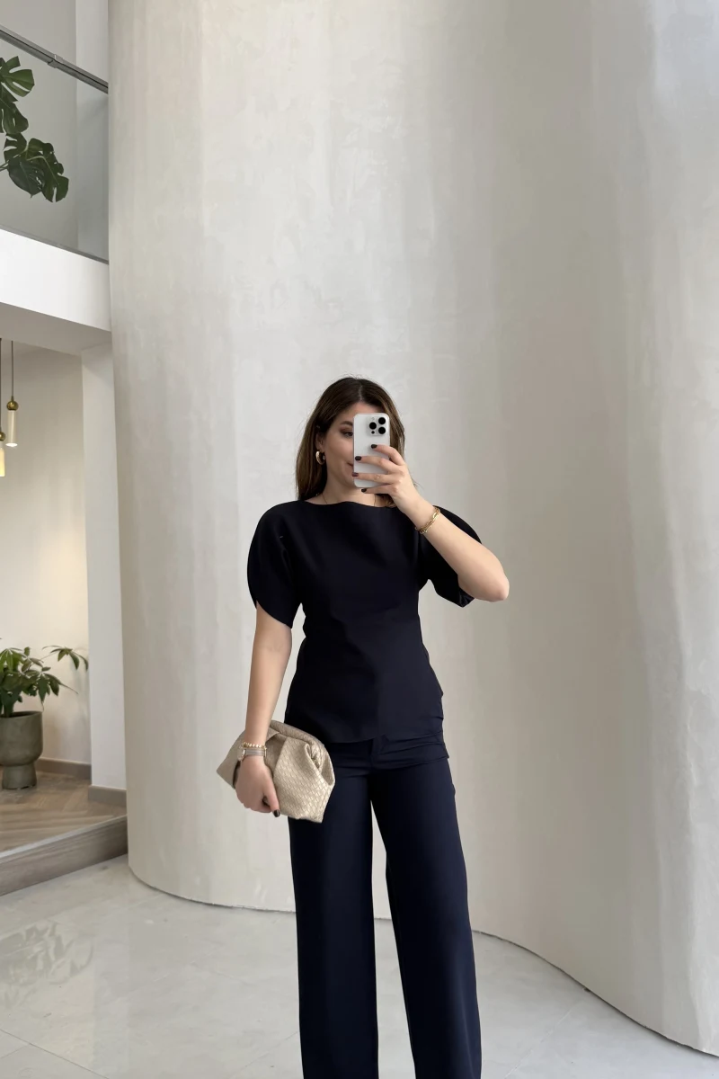 Ballet Kol Detay Bluz-Pantolon Takım - Lacivert - Kod: 8089