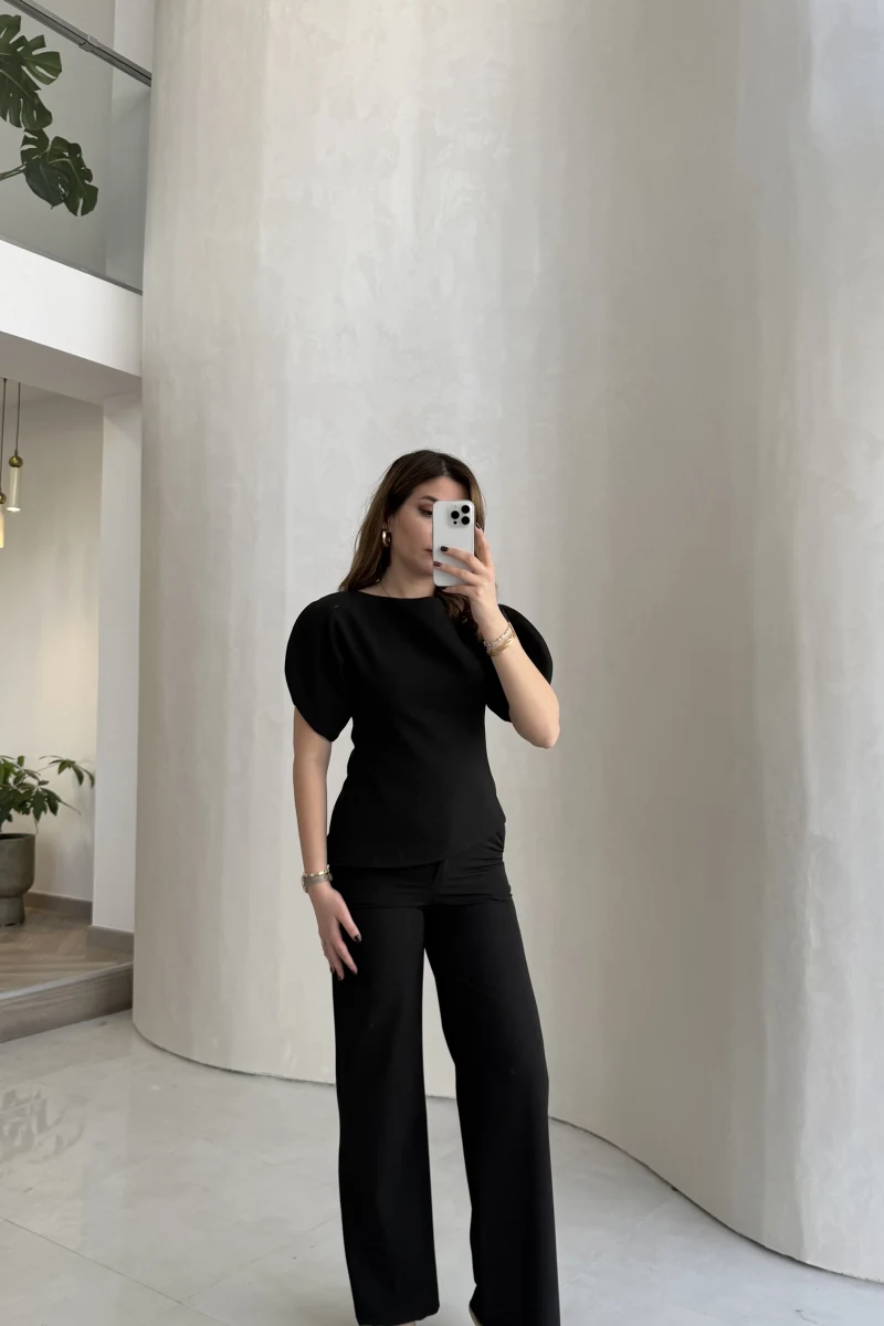 Ballet Kol Detay Bluz-Pantolon Takım - Siyah - Kod: 8089