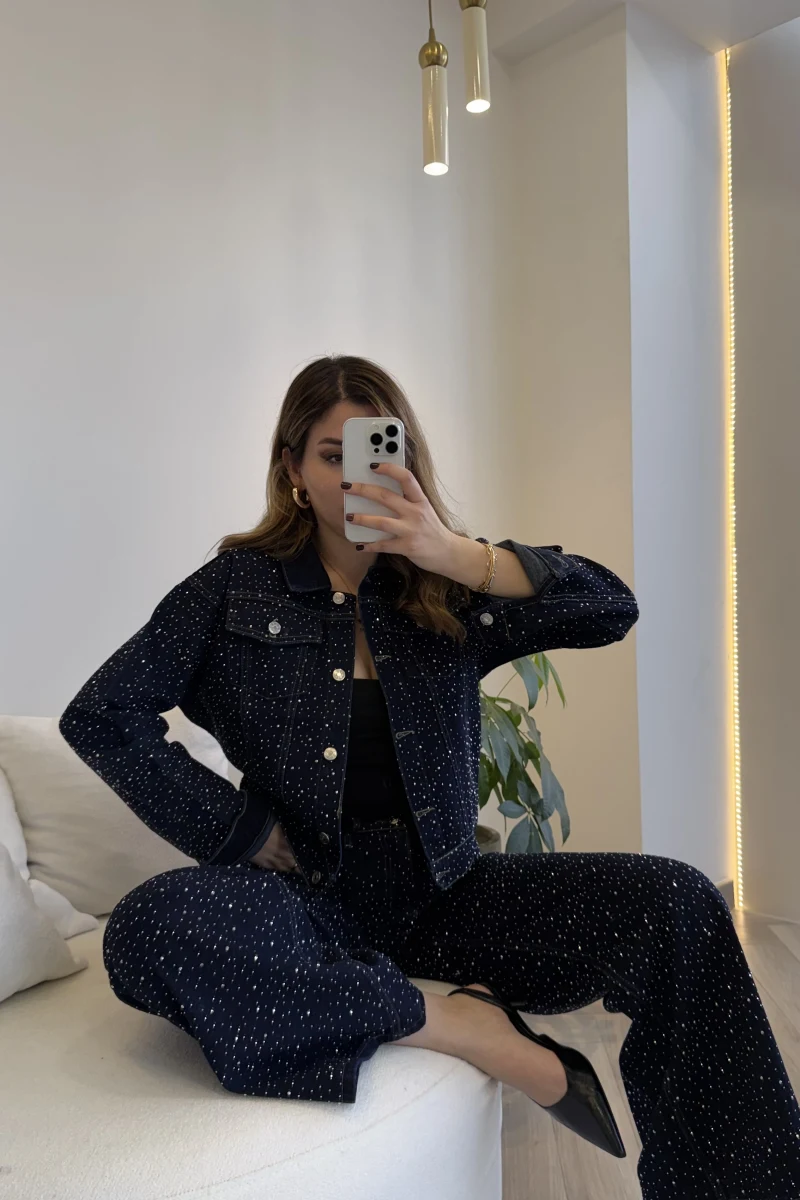 Taşlı Denim Ceket Pantolon Takım - Lacivert
