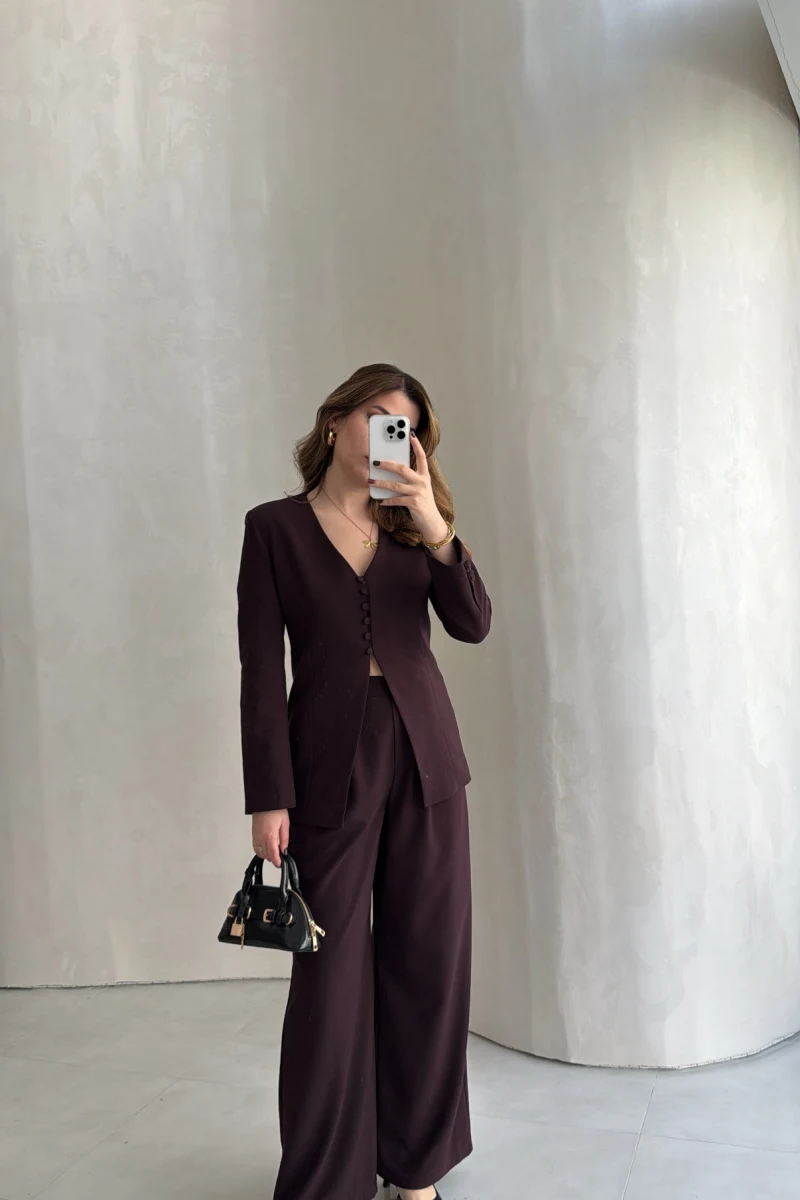 Fular Detay Vatkalı Düğmeli Ceket-Pantolon Takım - Mürdüm - Kod: 9046