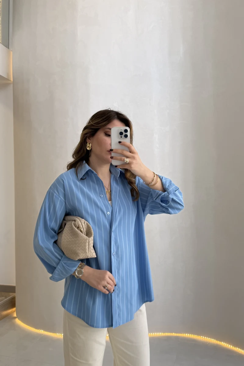 Cozy Çizgili Gömlek - Mavi - Kod: 2165