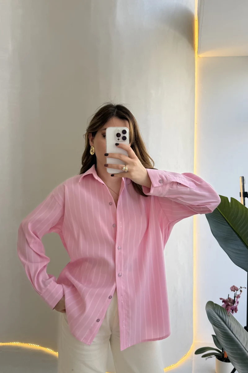 Cozy Çizgili Gömlek - Pembe - Kod: 2165
