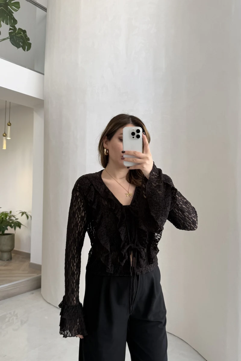 Harmony Fırfırlı Bağlamalı Dantel Bluz - Kahverengi - Kod: 1068