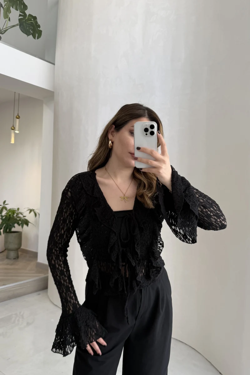 Harmony Fırfırlı Bağlamalı Dantel Bluz - Siyah - Kod: 1068