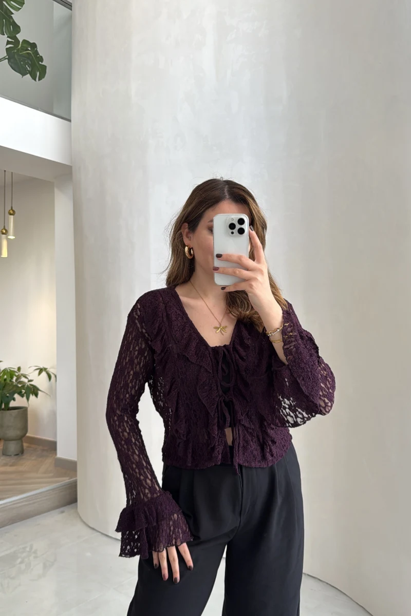 Harmony Fırfırlı Bağlamalı Dantel Bluz - Mürdüm - Kod: 1068