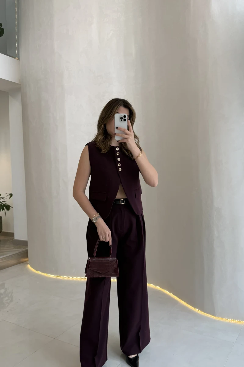 Comely Kemerli Yelek Takım - Mürdüm - Kod: 9716