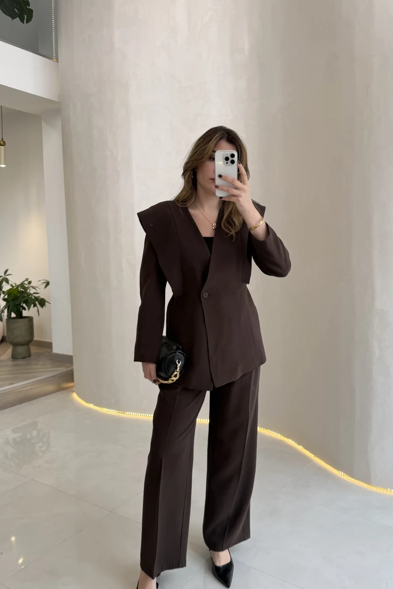 Wonder Bağcıklı Ceket Pantolon Takım - Kahve - Kod: 9035