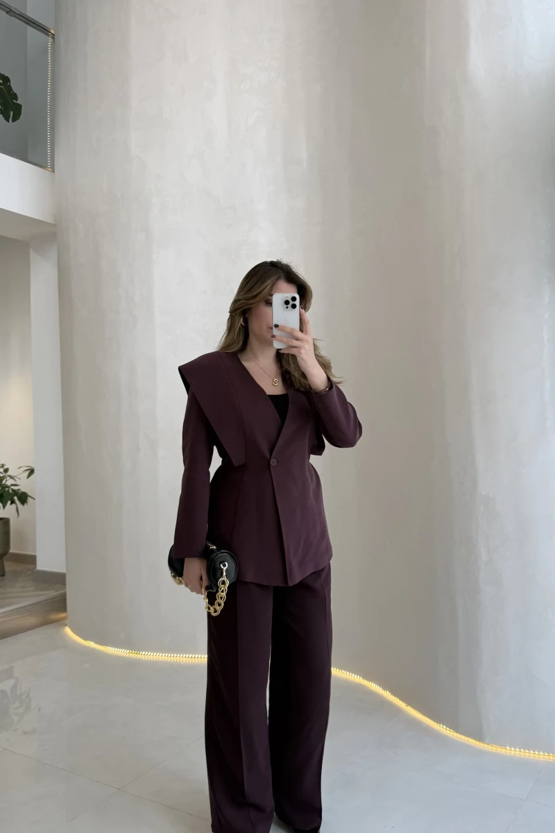 Wonder Bağcıklı Ceket Pantolon Takım - Mürdüm - Kod: 9035