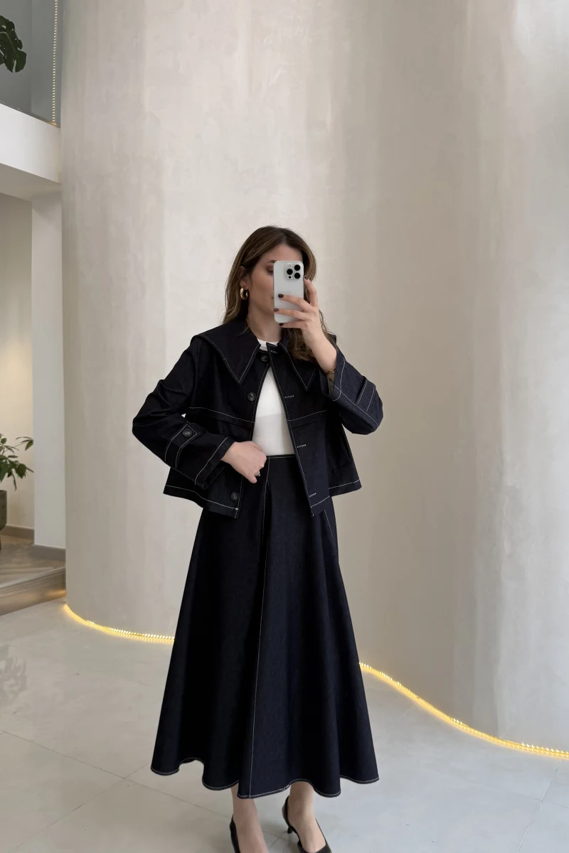 Serenity Pelerinli Denim Etek-Ceket Takım - Lacivert - Kod: 586