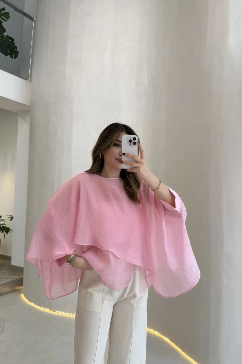 Uçuşan Pelerin Bluz - Açık Pembe - Kod: 5026