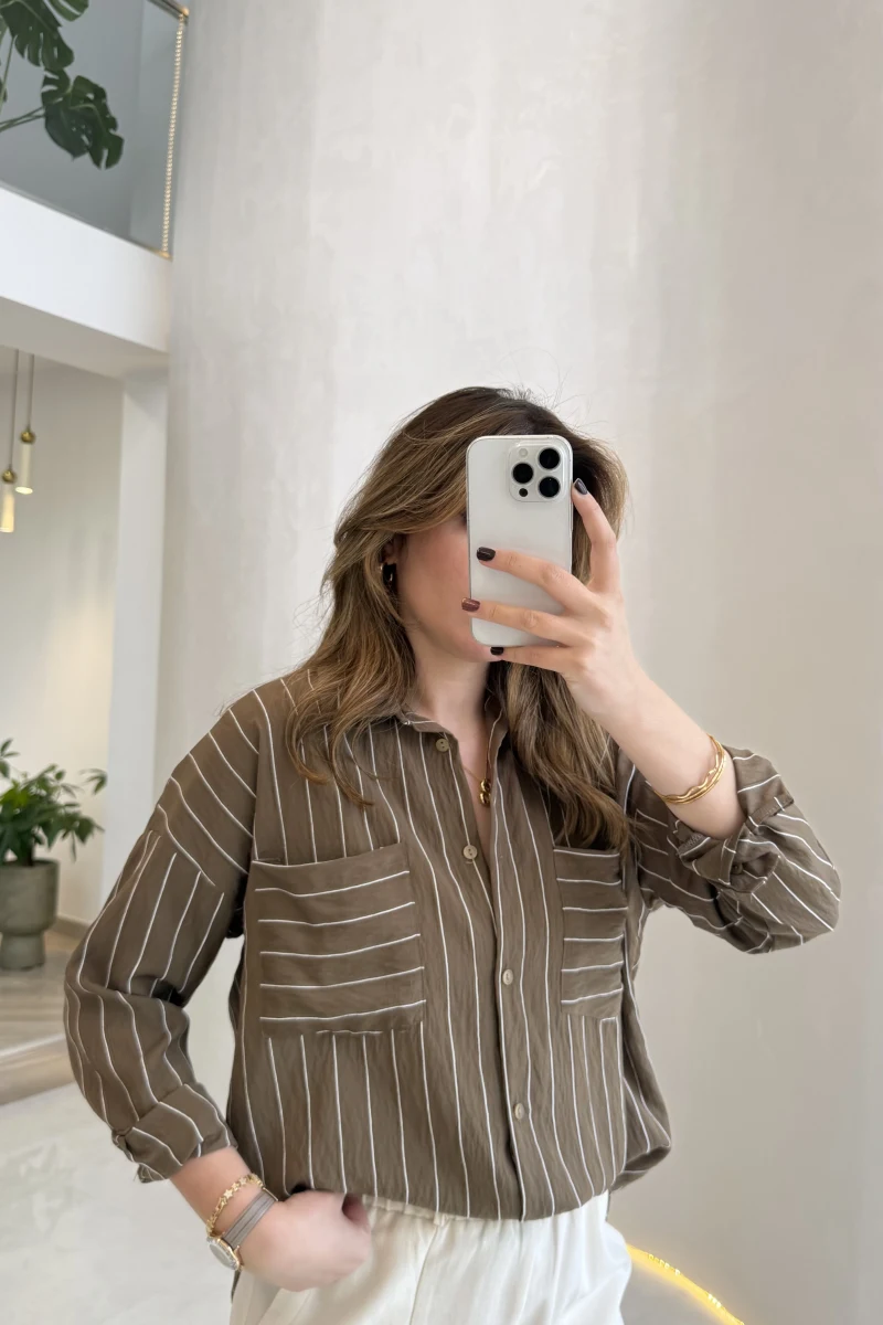 Sheep Çizgili Gömlek - Haki-Beyaz Çizgili - Kod: 2217