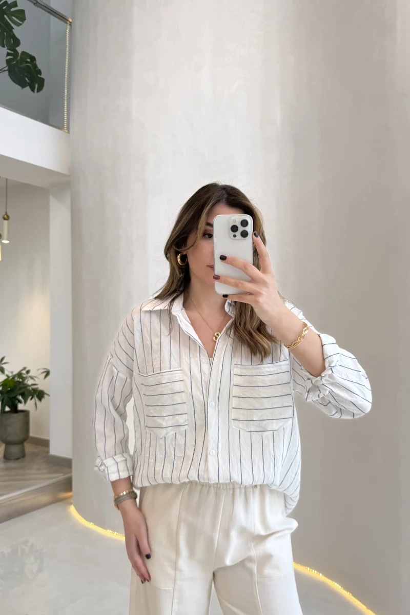 Sheep Çizgili Gömlek - Gri-Beyaz - Kod: 2217