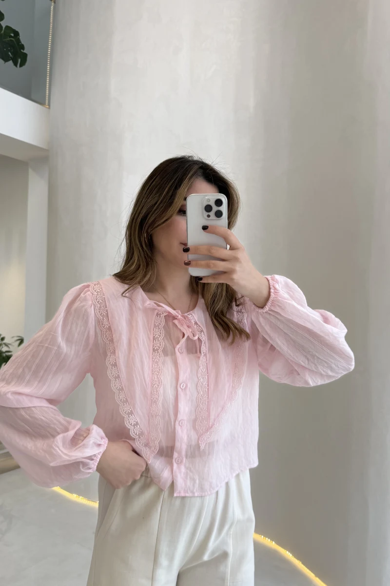 Tesoro Bebe Yaka Dantel Bluz - Pembe - Kod:2223