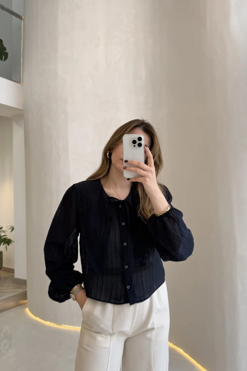 Tesoro Bebe Yaka Dantel Bluz - Lacivert - Kod:2223