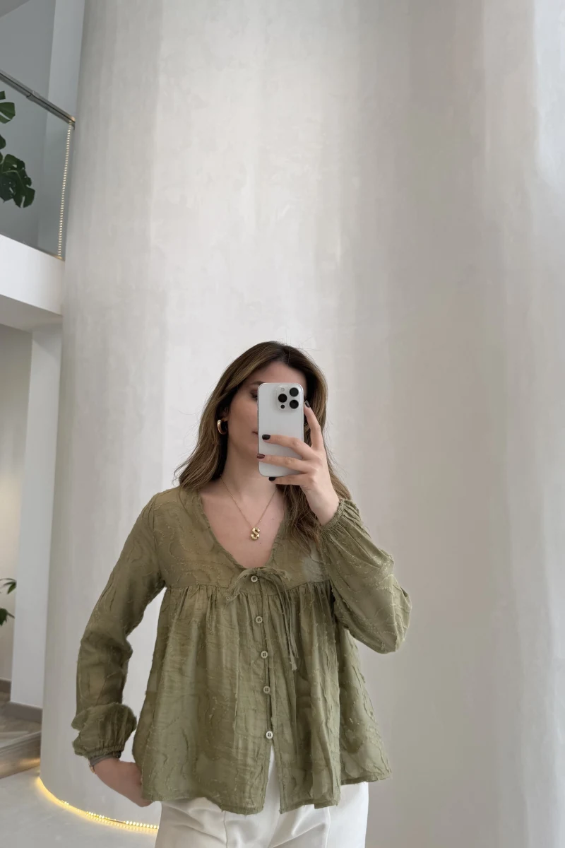 Elera Püskül Dokulu Bağlamalı Gömlek - Haki - Kod: 2248