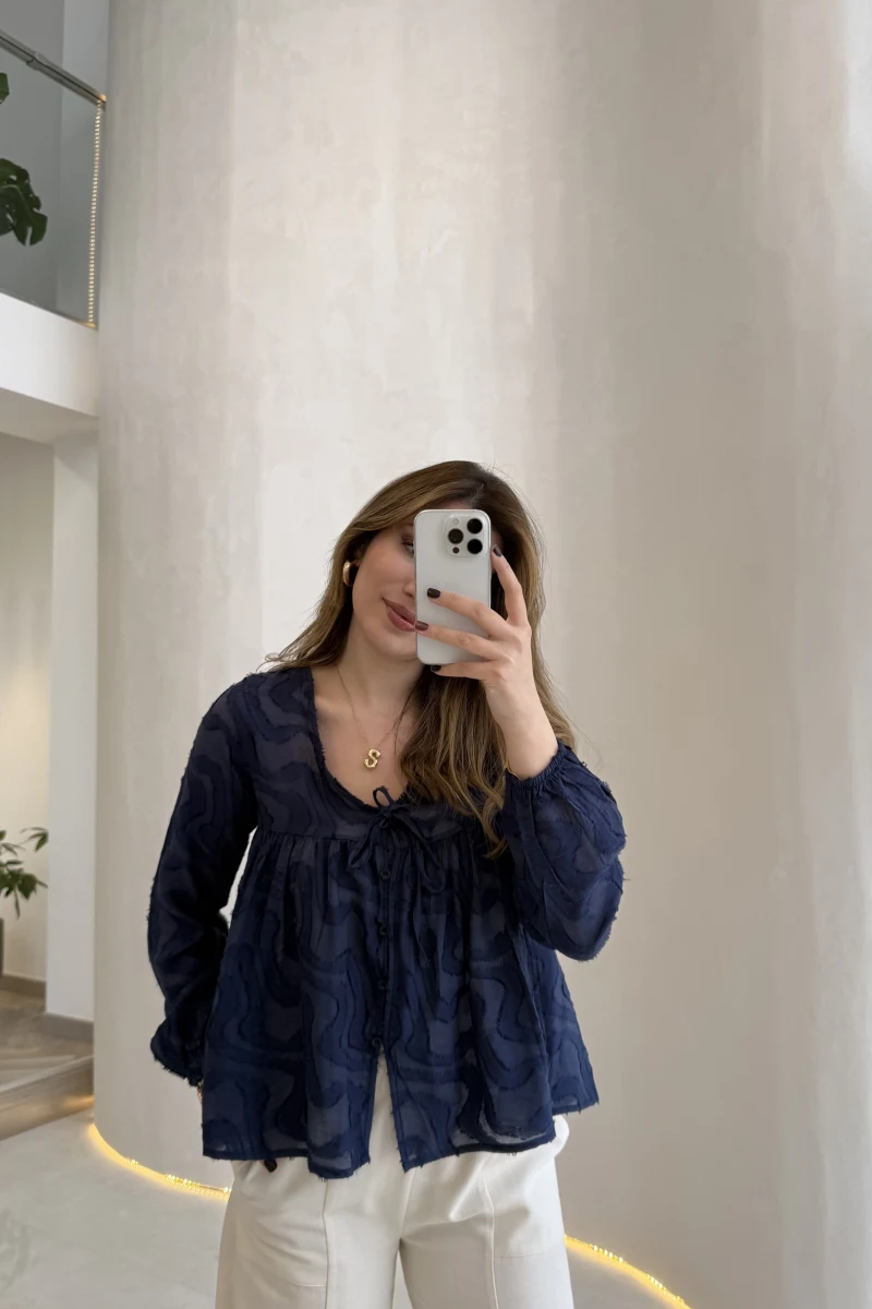 Elera Püskül Dokulu Bağlamalı Gömlek - Lacivert - Kod: 2248