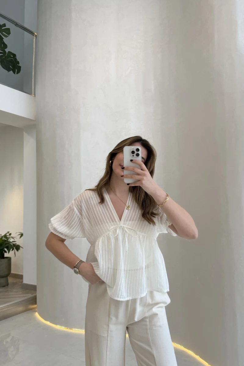 Çizgili Balon Kol Bağlamalı Bluz - Ekru - Kod: 1057