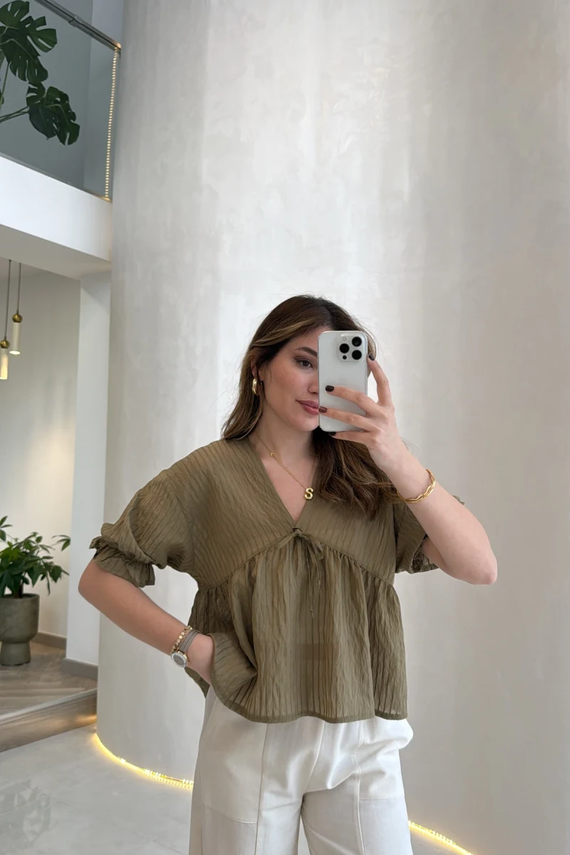 Çizgili Balon Kol Bağlamalı Bluz - Haki - Kod: 1057