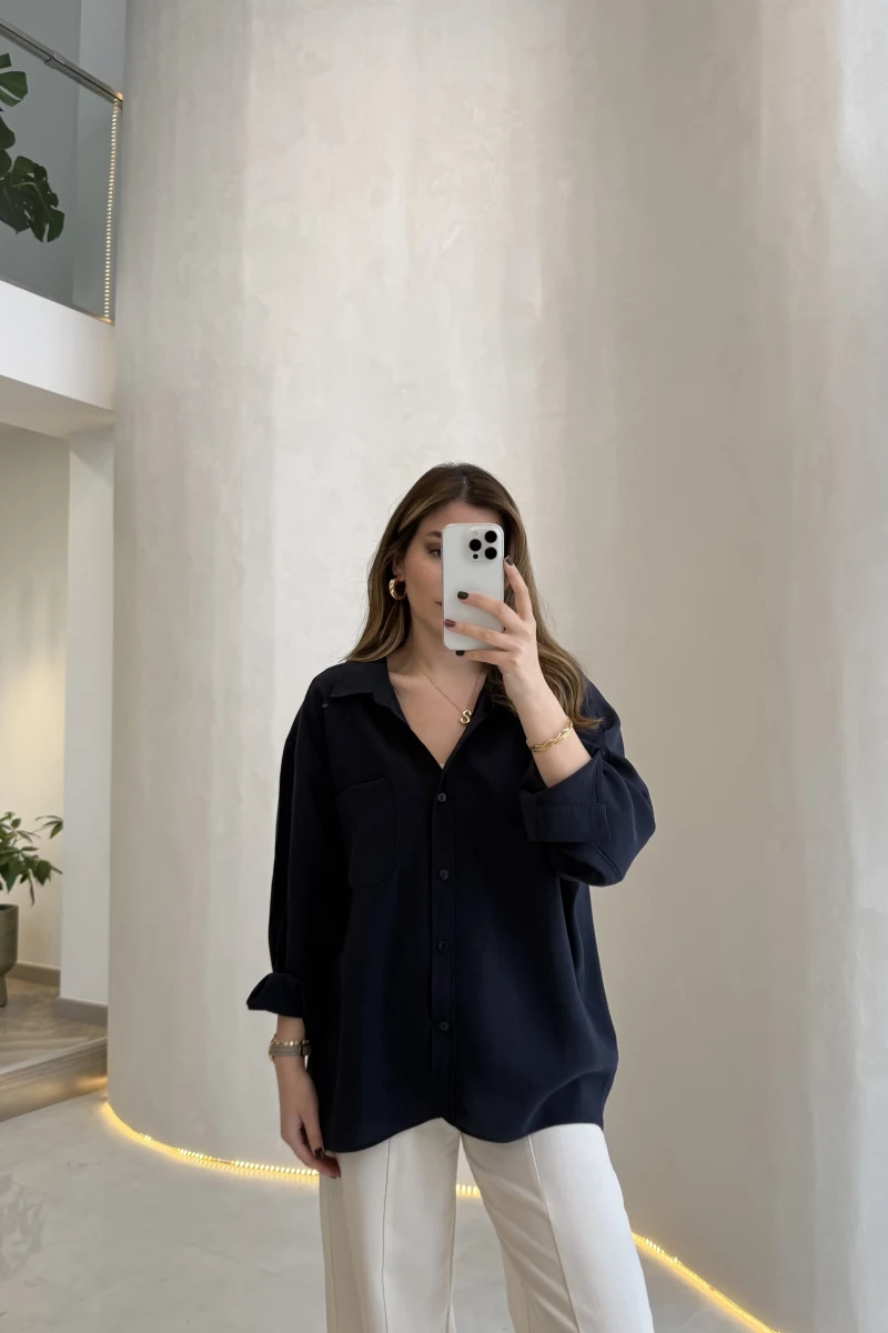 Düşük Omuzlu Modal Gömlek - Lacivert - Kod:5050