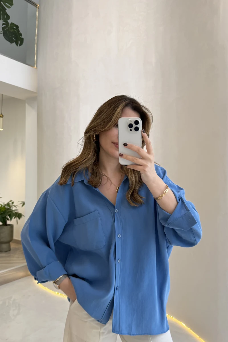 Düşük Omuzlu Modal Gömlek - Mavi - Kod:5050