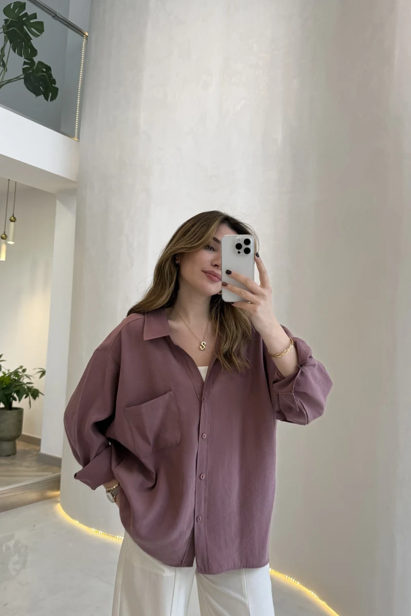 Düşük Omuzlu Modal Gömlek - Gül Kurusu - Kod:5050