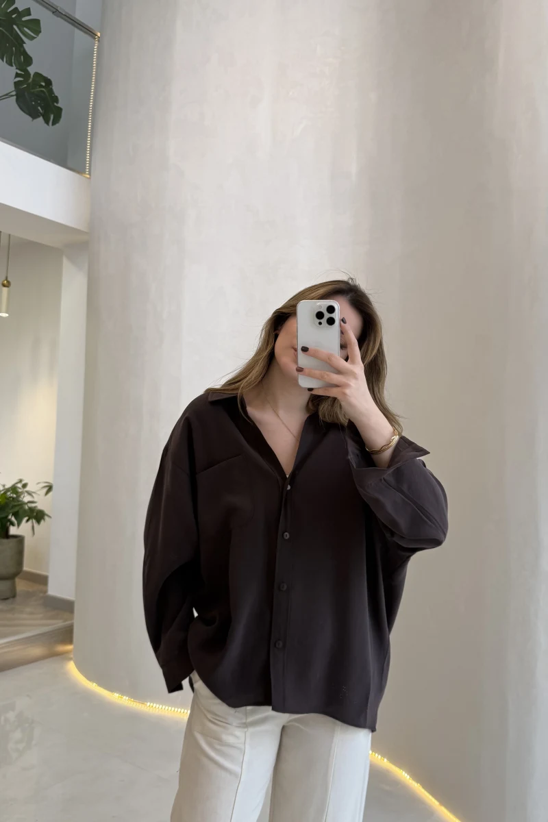 Düşük Omuzlu Modal Gömlek - Kahverengi - Kod:5050