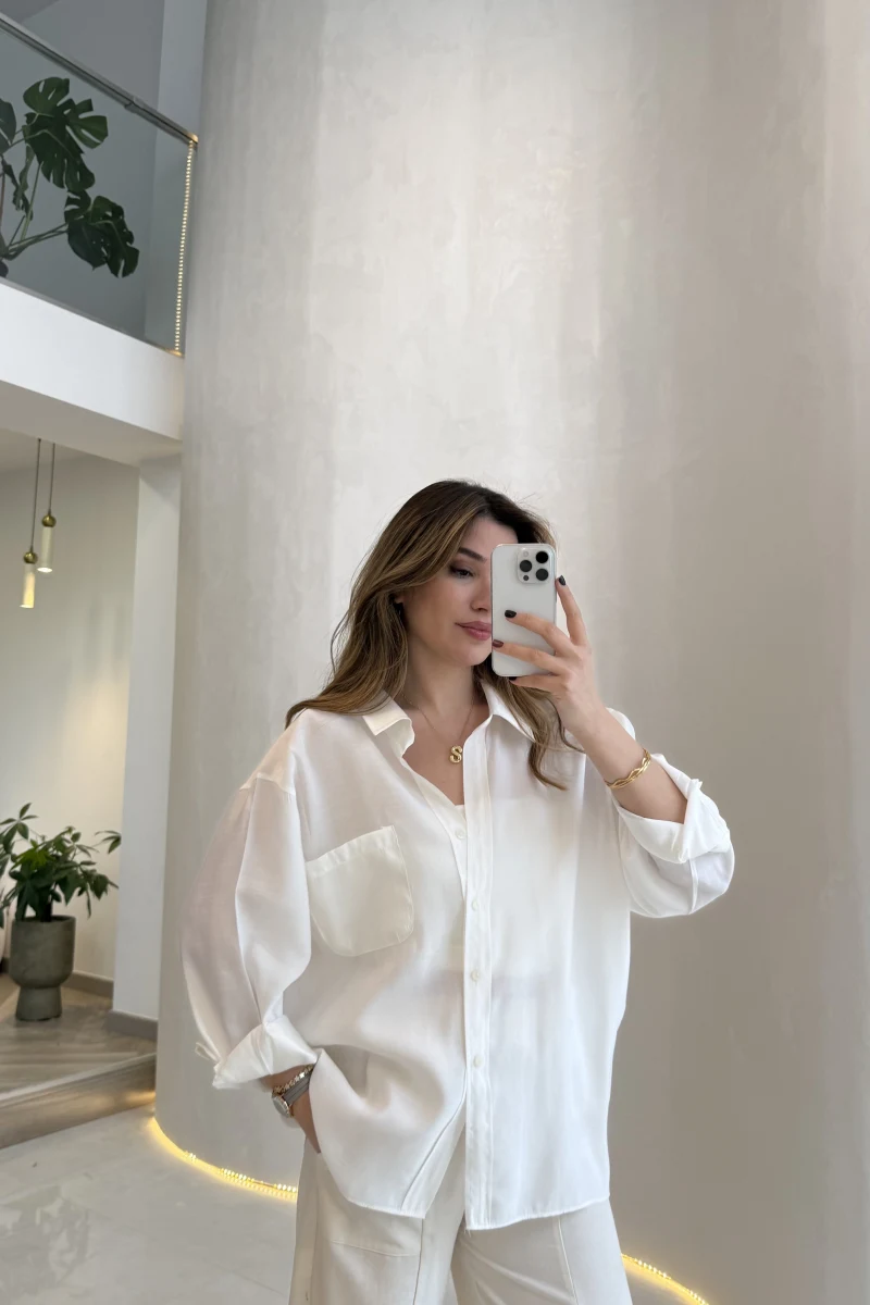 Düşük Omuzlu Modal Gömlek - Beyaz - Kod:5050