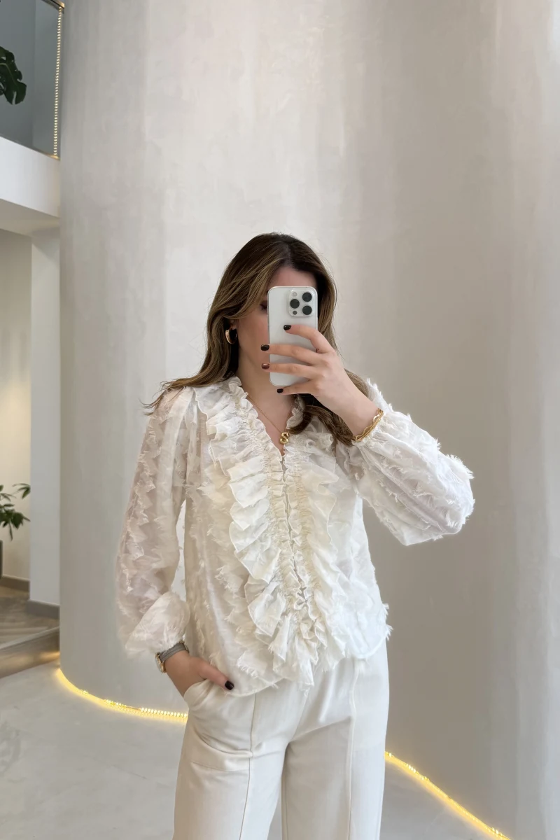 Alina Fırfırlı Püskül Bluz - Ekru - Kod: 1076