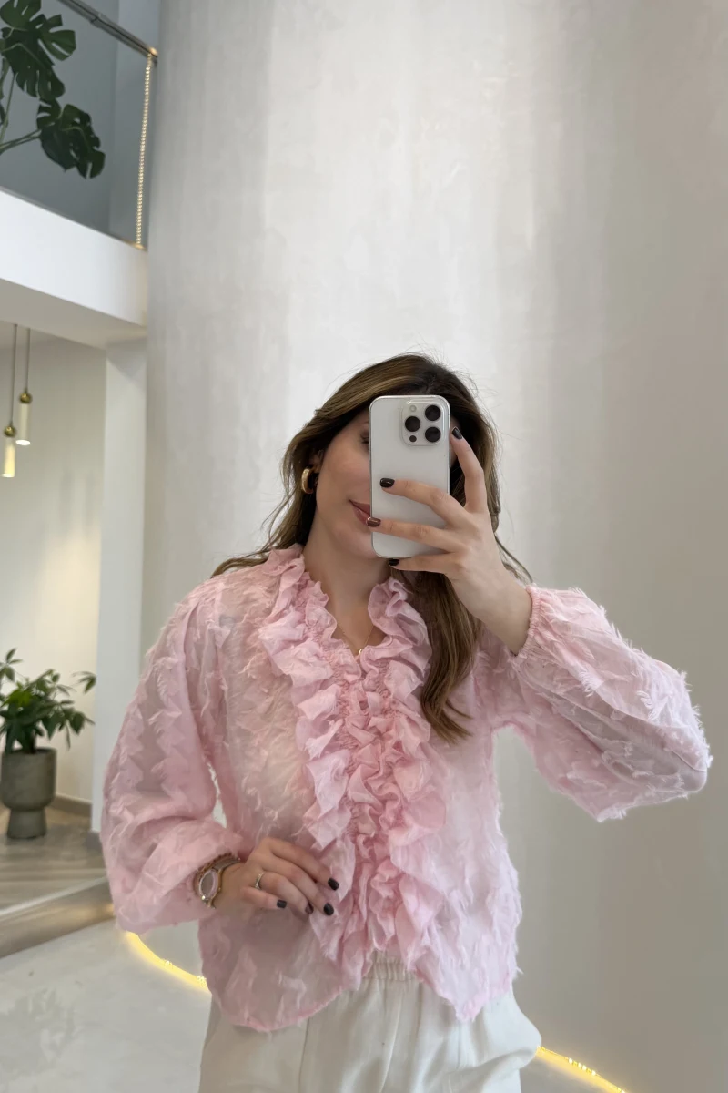 Alina Fırfırlı Püskül Bluz - Pembe - Kod: 1076