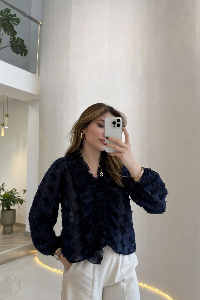 Alina Fırfırlı Püskül Bluz - Lacivert - Kod: 1076