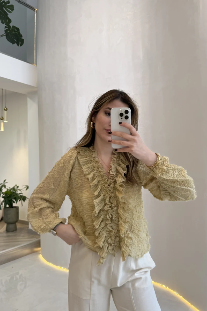 Alina Fırfırlı Püskül Bluz - Yeşil - Kod: 1076