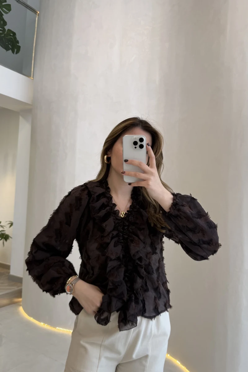 Alina Fırfırlı Püskül Bluz - Acı Kahve - Kod: 1076