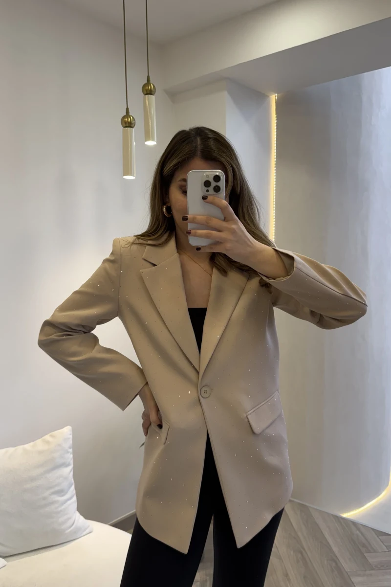 Taşlı Vatkalı Blazer Ceket - Bej - Kod: 98044