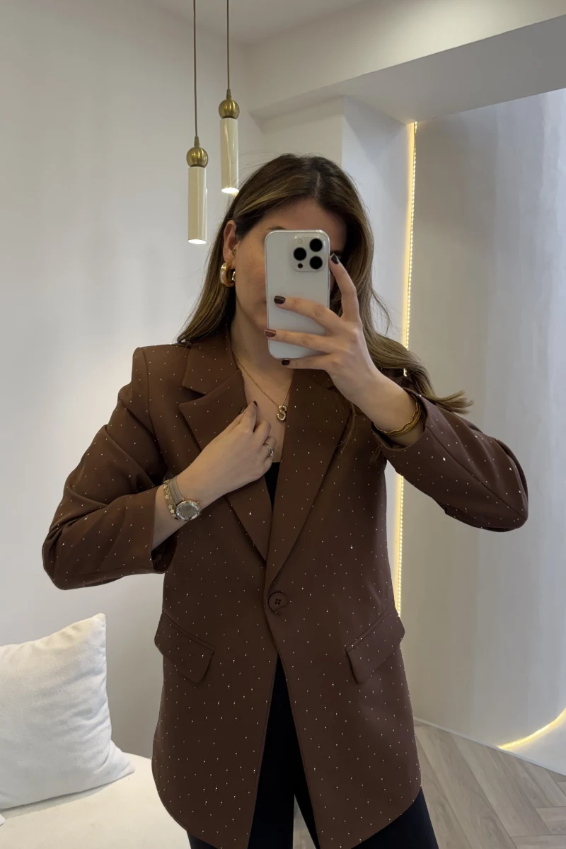 Taşlı Vatkalı Blazer Ceket - Kahverengi - Kod: 98044