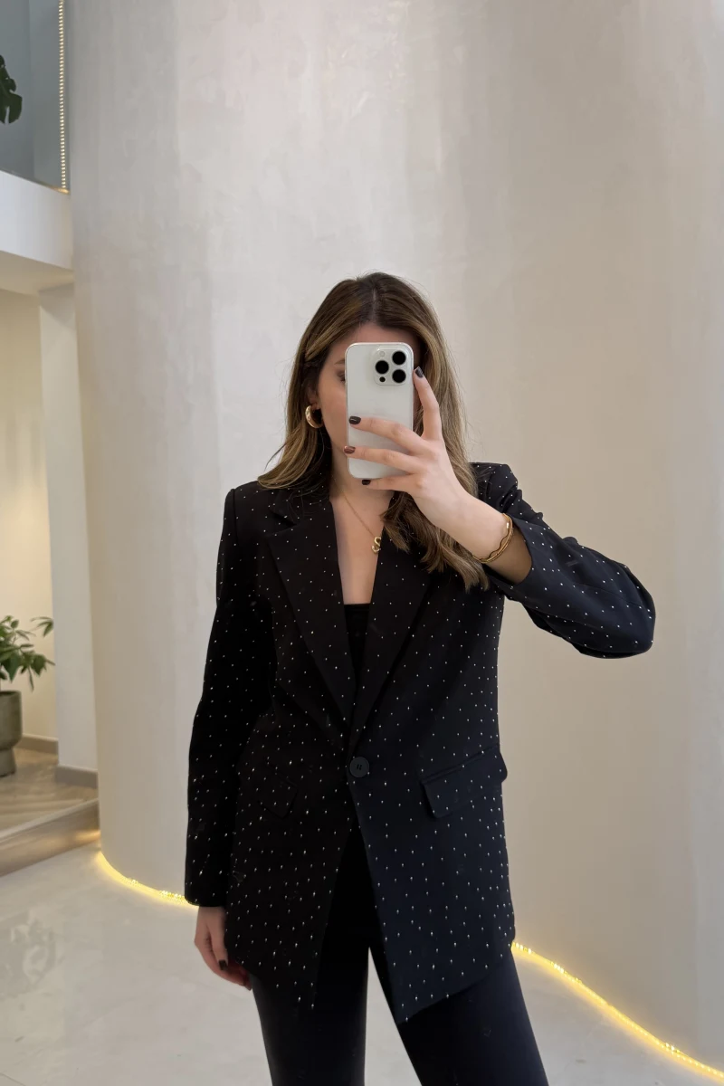 Taşlı Vatkalı Blazer Ceket - Siyah - Kod: 98044