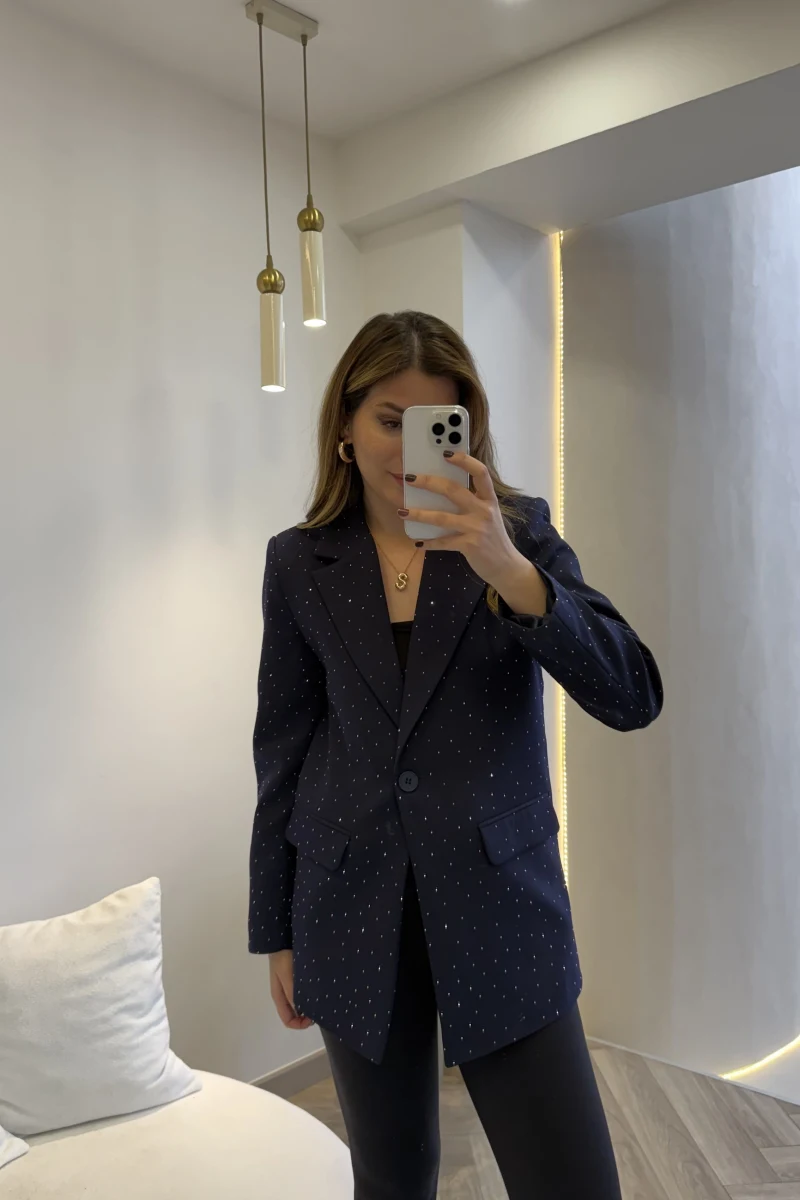 Taşlı Vatkalı Blazer Ceket - Lacivert - Kod: 98044