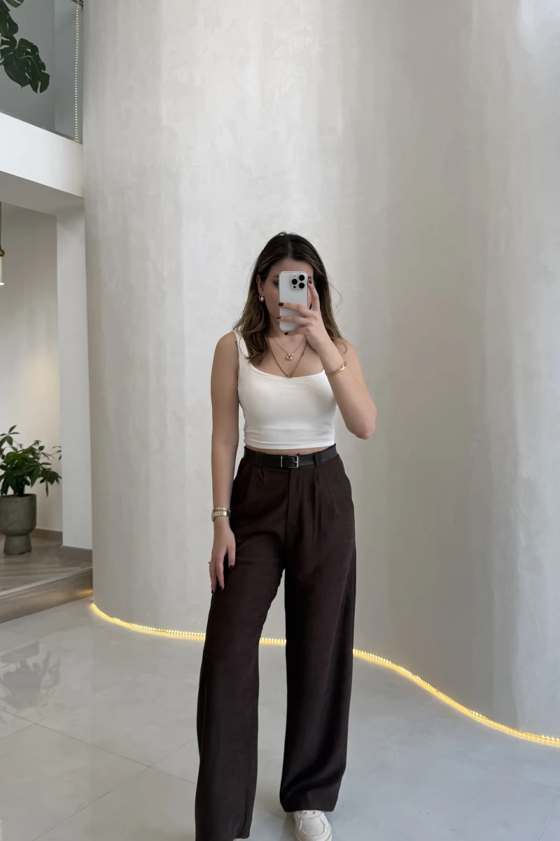 Kemerli Kadife Pantolon - Kahverengi - Kod: 3290