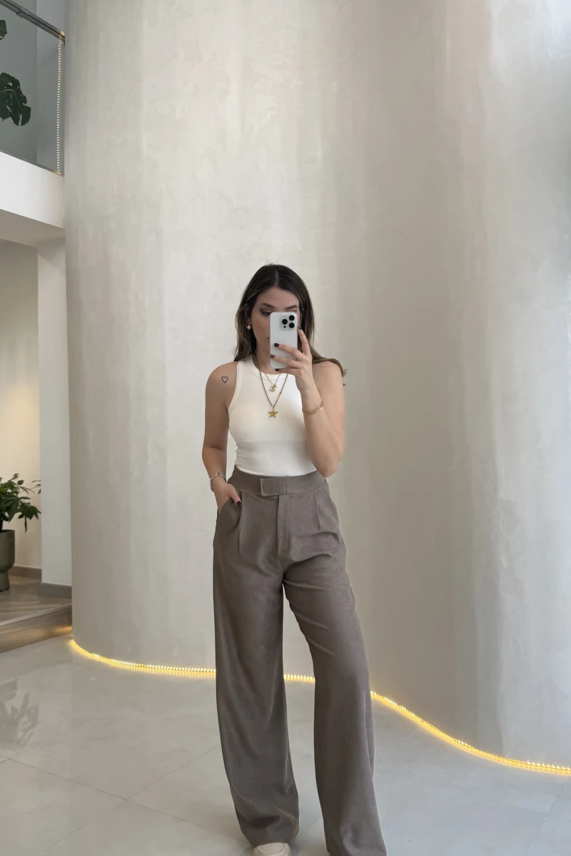 Kadife Cırt Detay Pantolon - Vizon - Kod: 3997