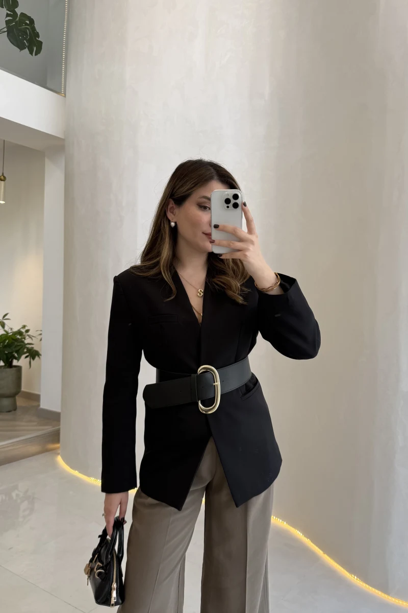 Geniş Kemerli Blazer Ceket - Siyah - Kod: 0337