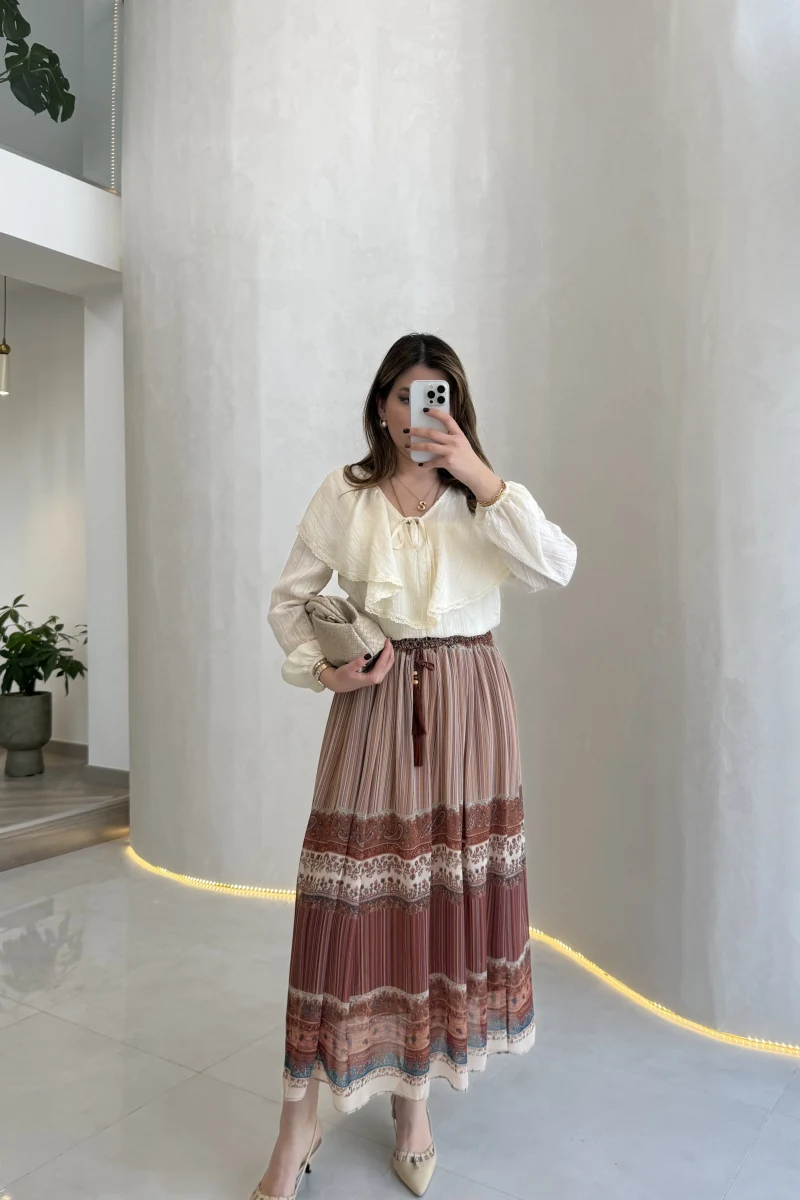 Beli Lastikli Etnik Desenli Astarlı Şifon Etek - Bohem - Kod: 6906