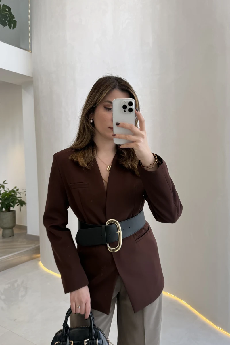 Geniş Kemerli Blazer Ceket - Kahverengi - Kod: 0337