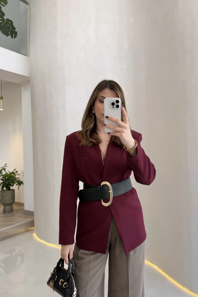 Geniş Kemerli Blazer Ceket - Bordo - Kod: 0337