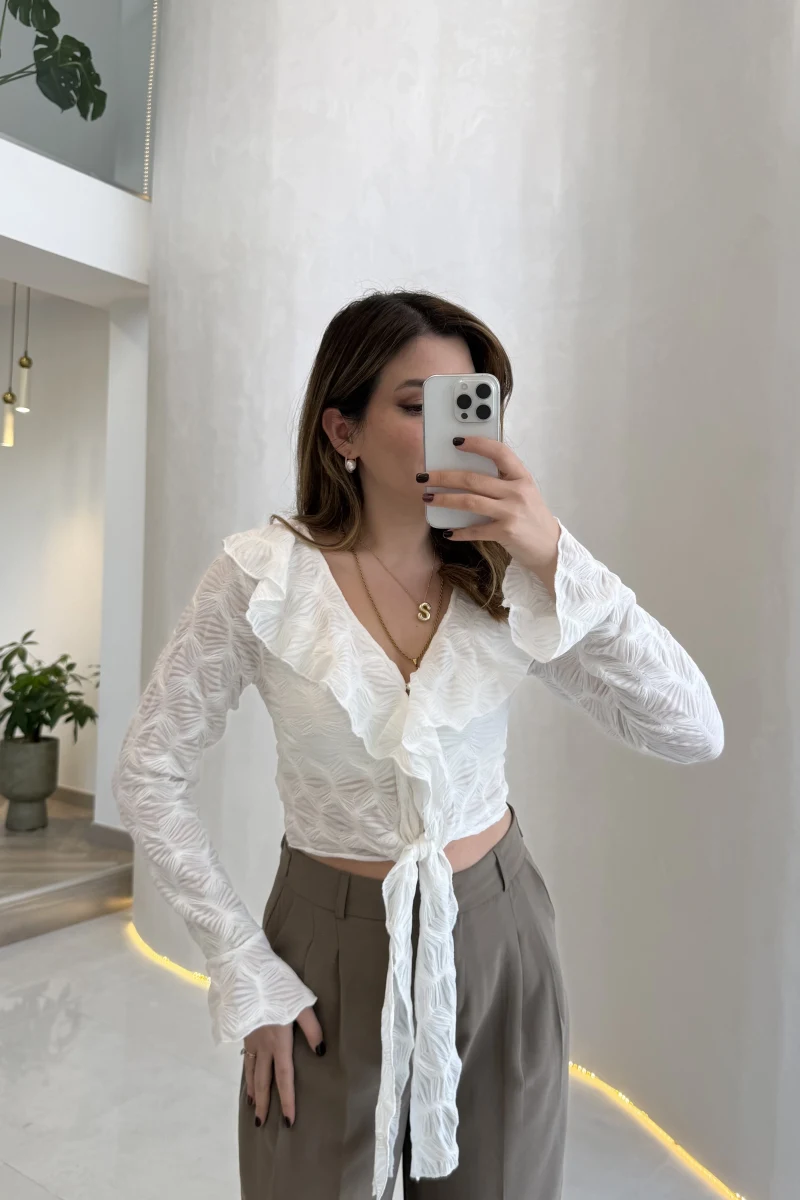 İspanyol Kol Dokulu Bağlamalı Bluz - Ekru - Kod: 01631