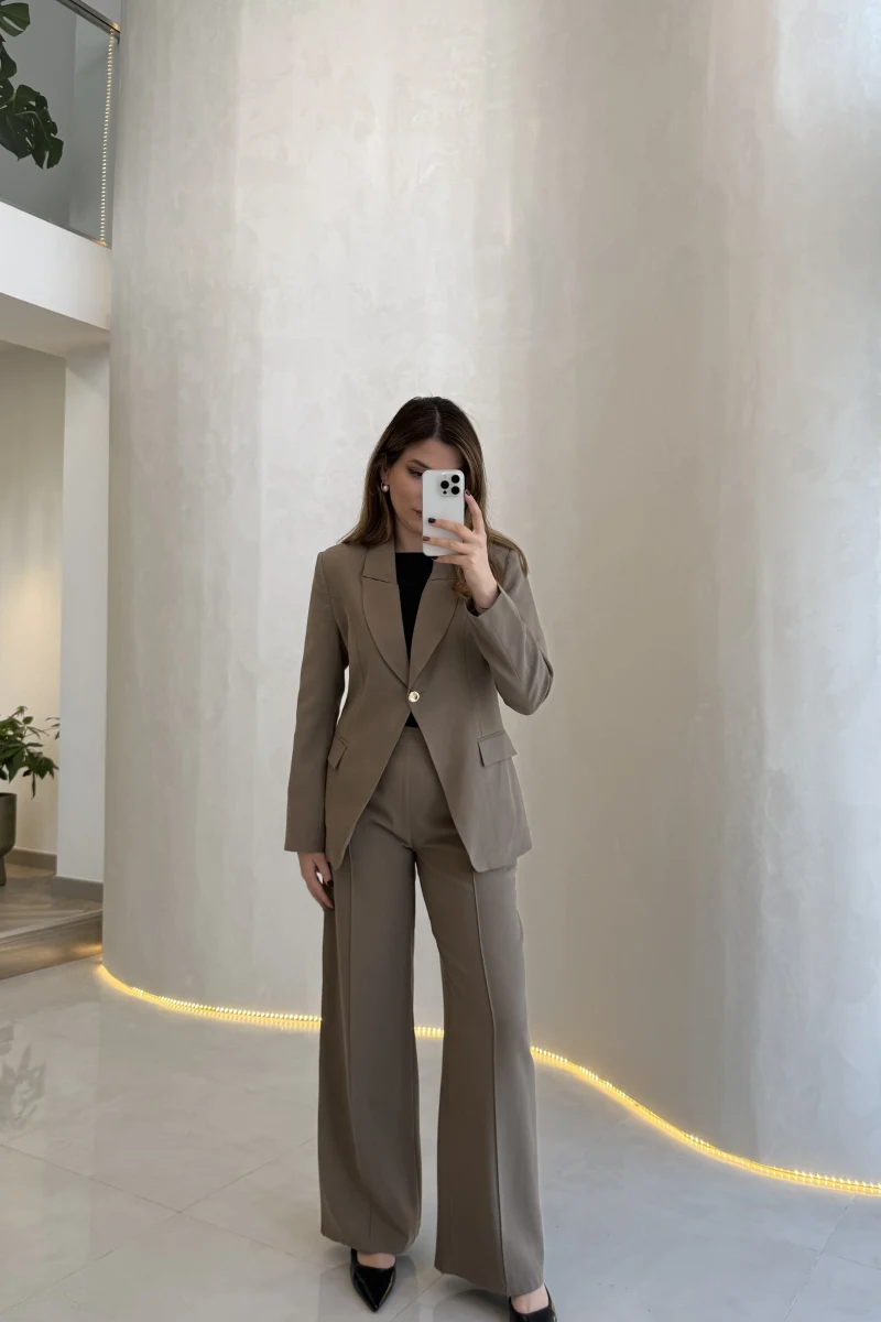 Lissome Gold Düğmeli Vatkalı Ceket-Pantolon Takım - Haki - Kod: 9031